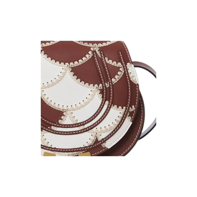 Chloe Marcie Nappa Lambskin Patchwork Shimmering Calfskin Saddle Bag Shoulder Bag Crossbody Bag Small Size Women's Tan-4