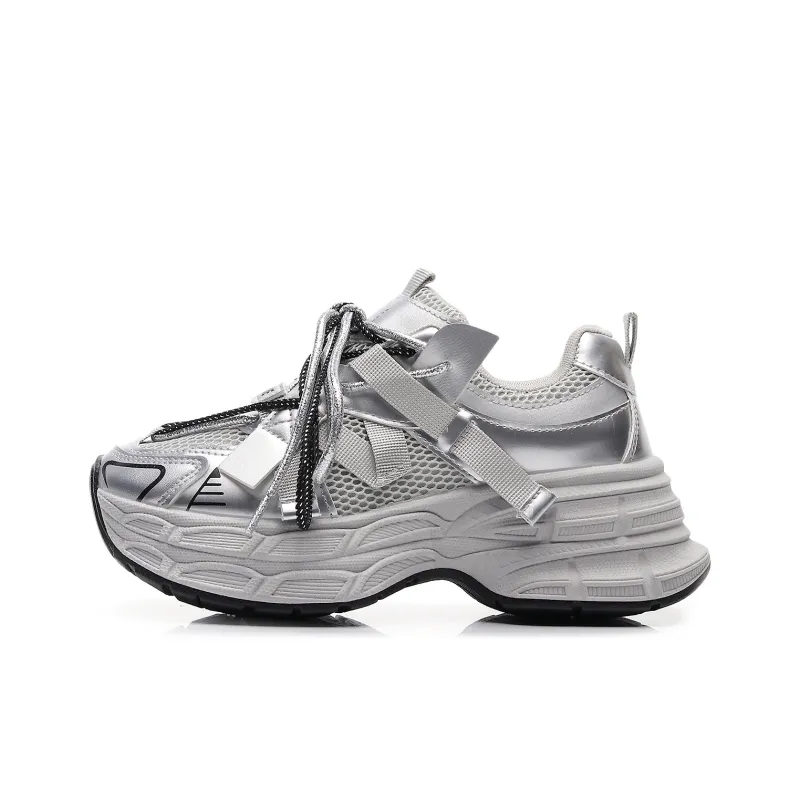 Feiyue Girly Heart Series Cushioning Slip Resistant Height Increasing Low Top Chunky Sneakers Women's Silver-0