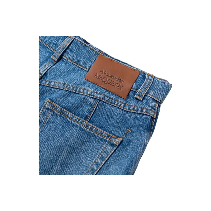 Alexander McQueen Slashed Cut Out Denim Midi Skirt-7