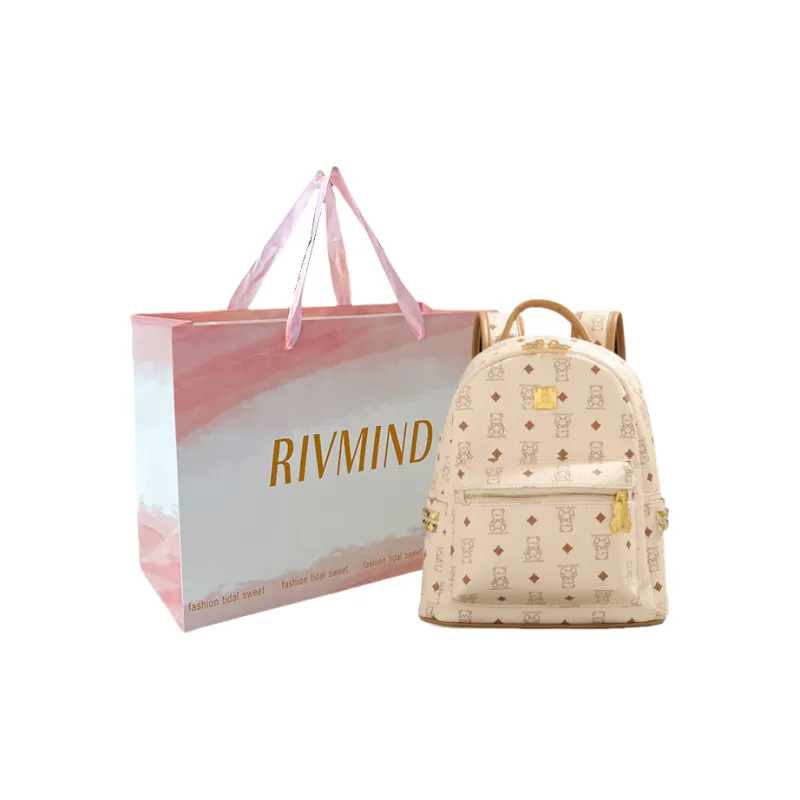 RIVMIND Synthetic Leather Backpack Tubas Women's Ecru/Brown/Black-4