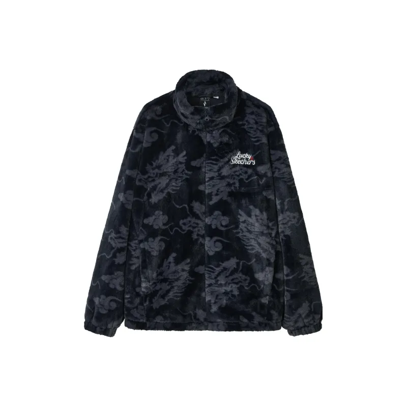 Skechers New Year S COLOR Velvet feel Coat Unisex Black Background With Dragon Pattern All Over Print-0