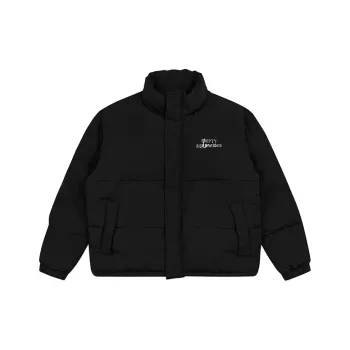EMPTY REFERENCE Letter Stand Collar Loose Fit Puffer Jacket Unisex Black