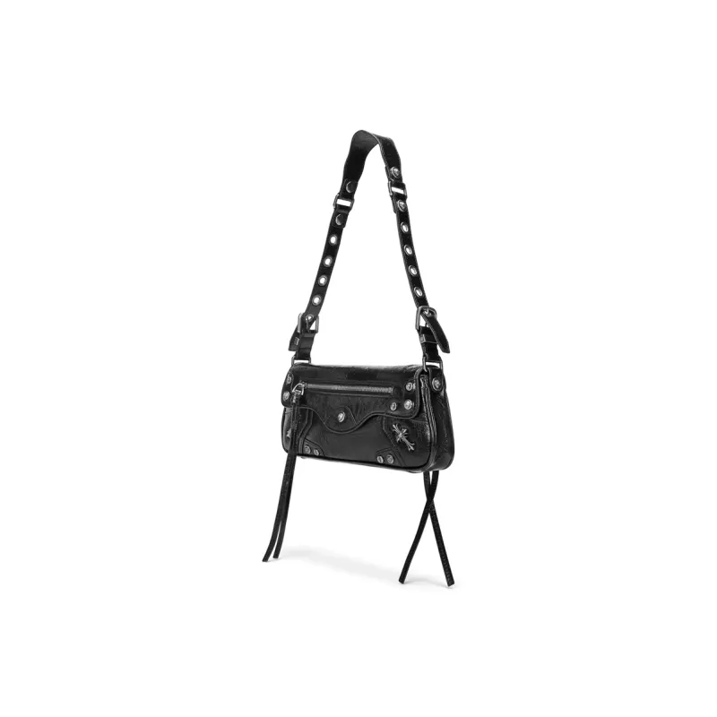 Ed Hardy Classic Series Cow Leather Shoulder Bag, Crossbody Bag Biker Bag Medium Size Women's Black-1