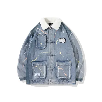 LAMLICKA Letter Lapel Loose Fit Thickened Puffer Jacket Unisex Blue