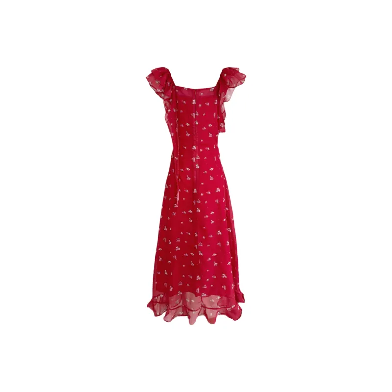Udon House Sleeveless Dress Women's Brick Red Floral Dress-1