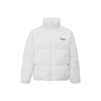 LOVE ME LATER Floral Embroidered Logo Stand Collar Zip Closure Down Jacket Unisex