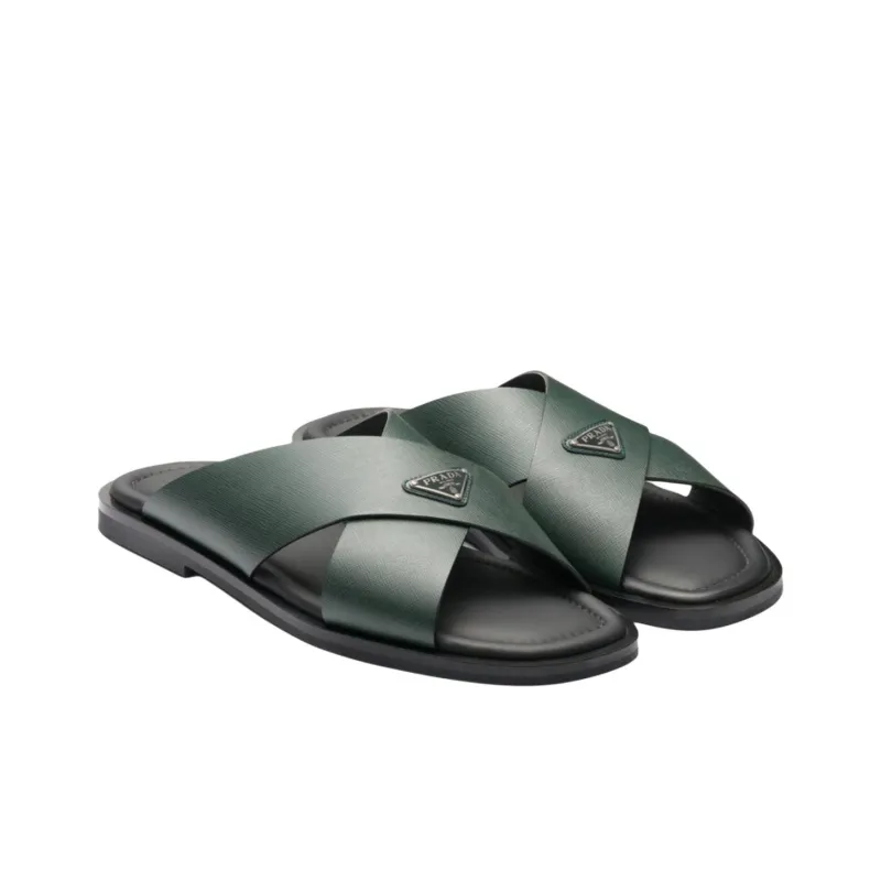 PRADA Saffiano Abrasion Resistant Slide Slippers Men's Green-2