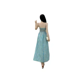 Flowers In Water Slip Dress Women's Blue Plaid