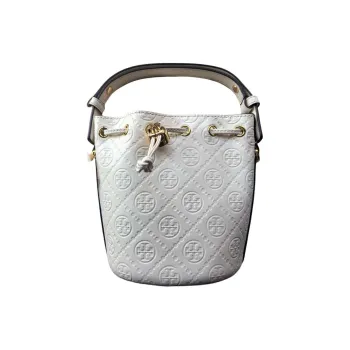 TORY BURCH T Monogram Cow Leather Bucket Bag, One Shoulder Handbag Mini Women's Light Cream