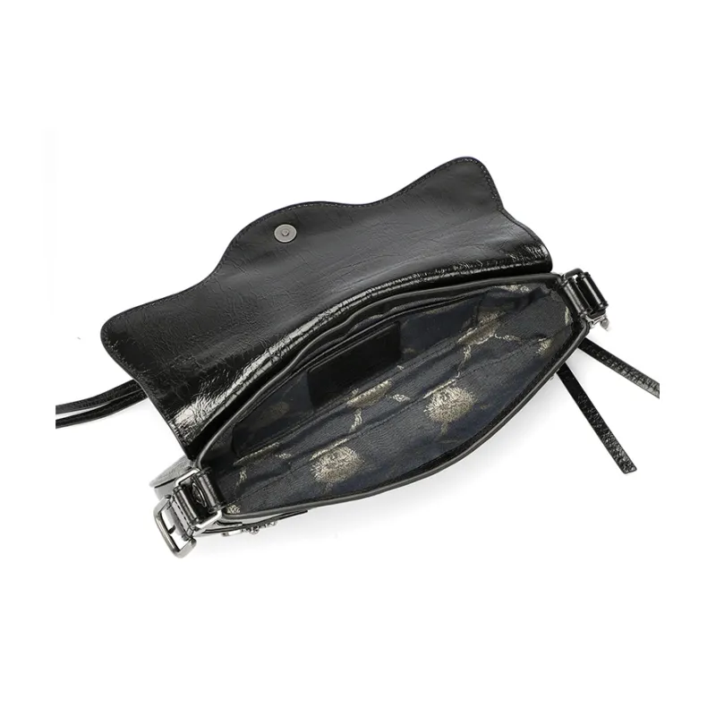 Ed Hardy Classic Series Cow Leather Shoulder Bag, Crossbody Bag Biker Bag Medium Size Women's Black-7