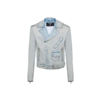 BALMAIN Zip Up Denim Biker Jacket