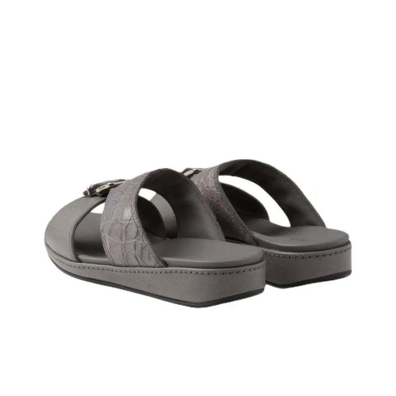 PRADA Saffiano Rubber Sole Slide Slippers Men's Gray-3