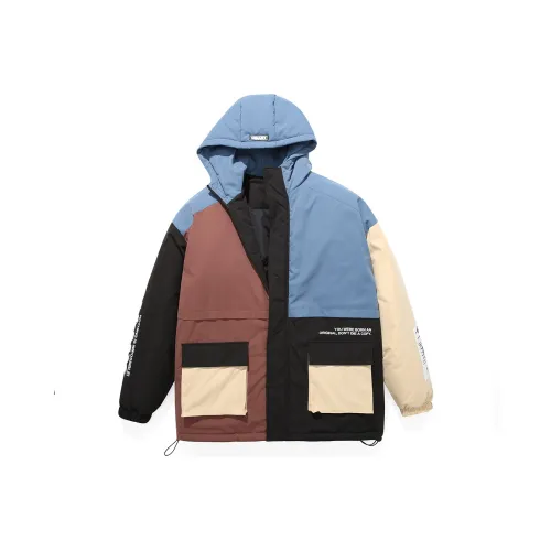 GENANX Colorblock Hooded Loose Fit Puffer Jacket Unisex Blue Brown