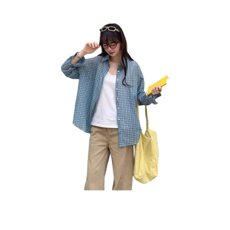 Mu Xiao Xin Shirt Women's Blue Plaid-2
