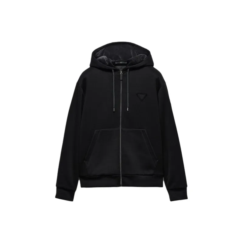 PRADA Technical Fleece Hooded Cardigan Jackets & Coats Men's Black-0
