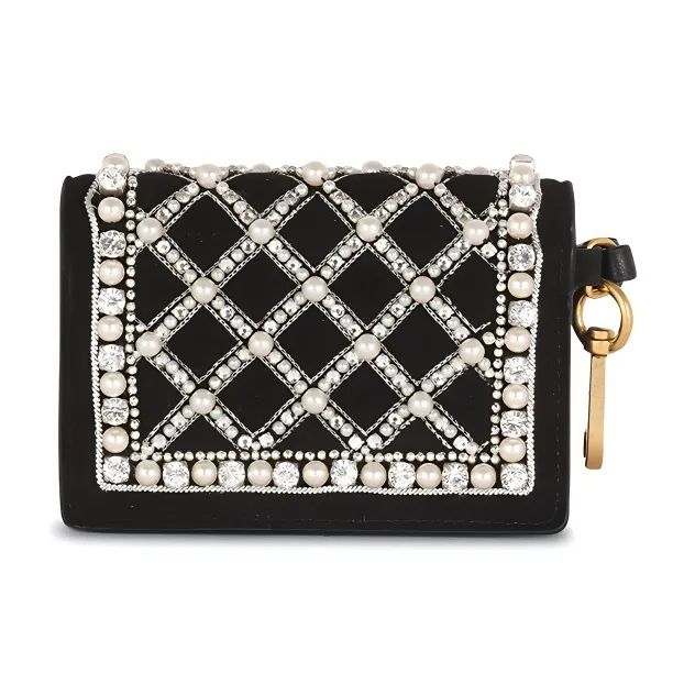 BALMAIN Suede With Embroidered Pearl Coin Purse Card Clip Card Holder Women's Black-2