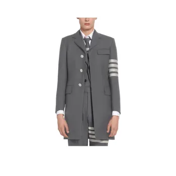 THOM BROWNE· Medium Grey Plain Weave Suiting High Armhole 4-Bar Overcoat Coats Coat Men's Medium Gray