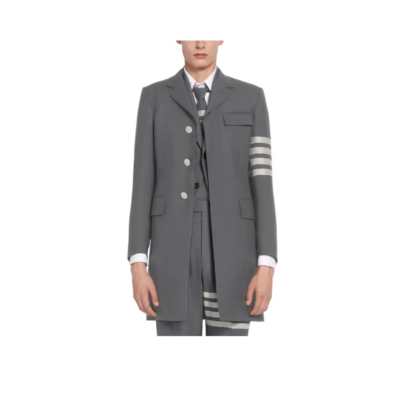 THOM BROWNE· Medium Grey Plain Weave Suiting High Armhole 4 Bar Overcoat Coats Coat Men's Medium Gray-0