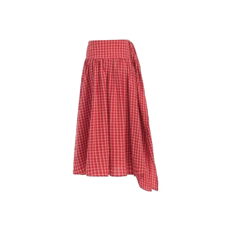 Rose Casual Long Skirt Women's Red Plaid Skirt-1
