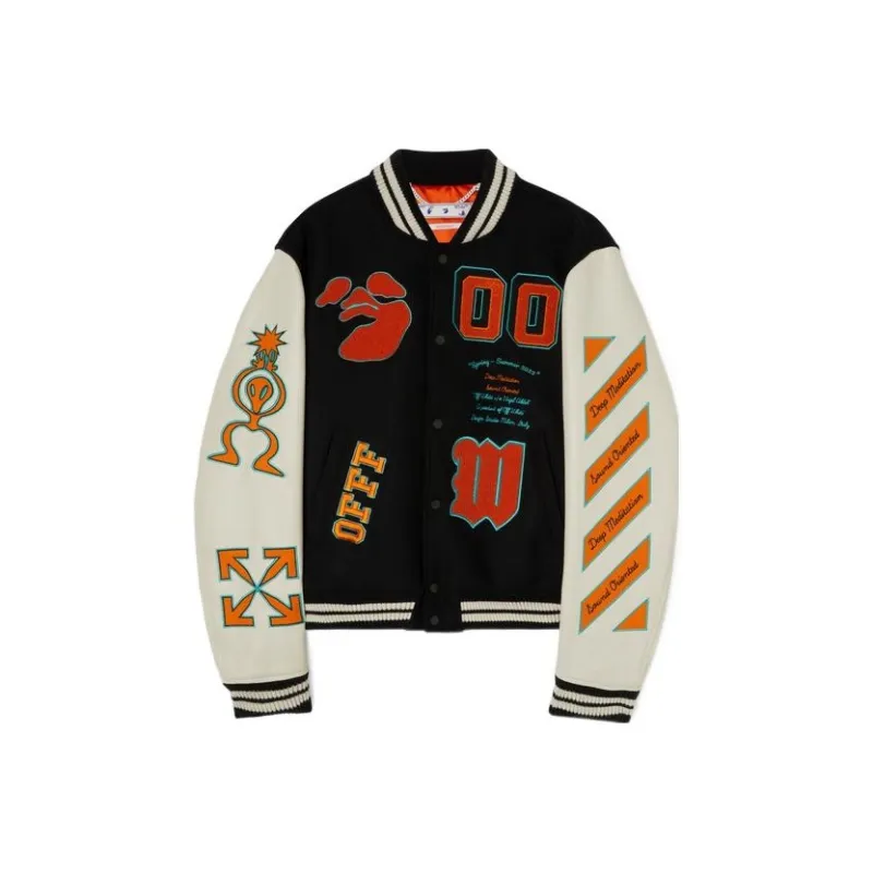 OFF WHITE Graphics Leather Varsity Jacket 'Black/Orange'-0