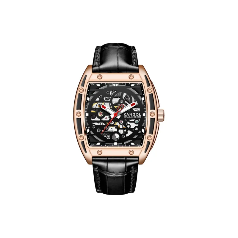 KANGOL Automatic Mechanical Movement Genuine Leather Strap Watch Men's Watches Cut-Out Dial-0