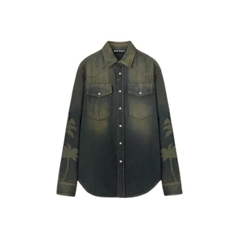 PALM ANGELS Palm Printed Curved Hem Denim Shirt