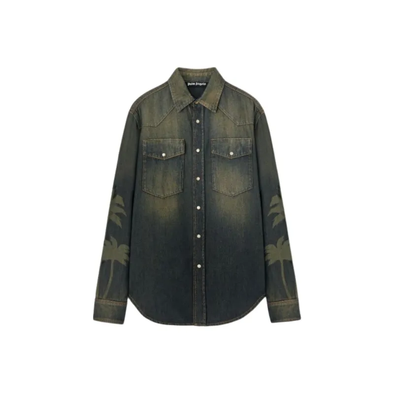 PALM ANGELS Palm Printed Curved Hem Denim Shirt-0