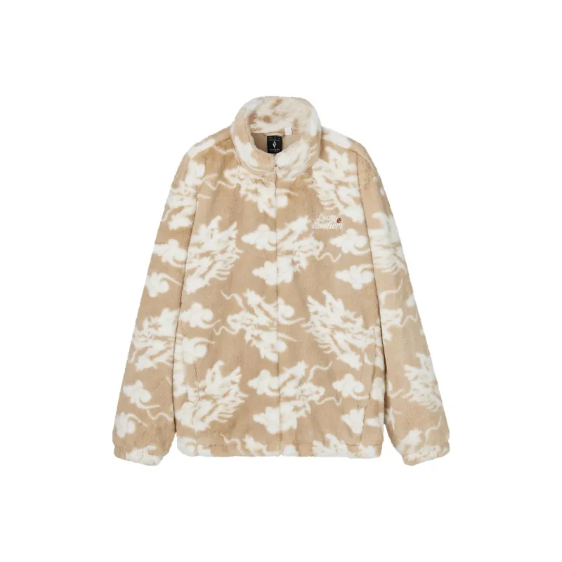 Skechers New Year S COLOR Velvet feel Coat Unisex Khaki Base With Dragon Pattern All Over Print-0
