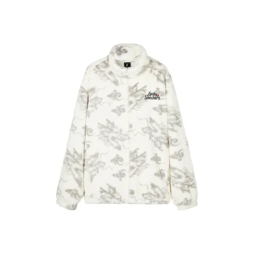 Skechers New Year S COLOR Velvet feel Coat Unisex White Base Dragon Pattern All Over Print