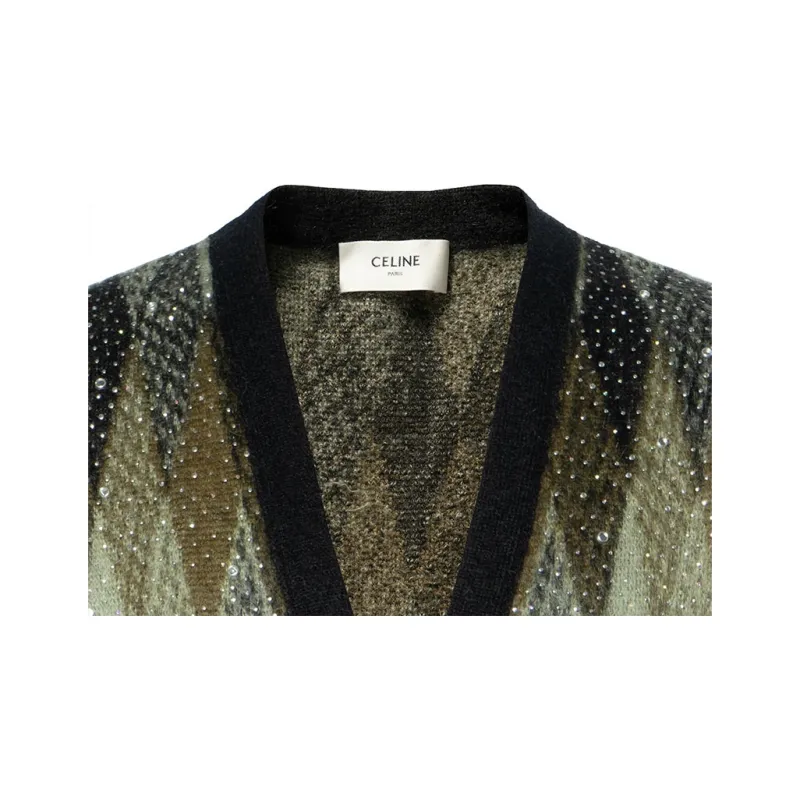 CELINE Embellished V Neck Button Up Cardigan-5