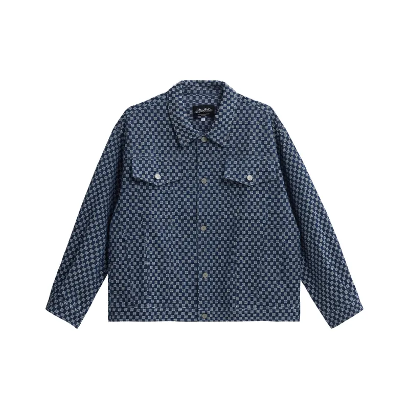 NANDCHN Denim Jacket Unisex Blue White Plaid-0