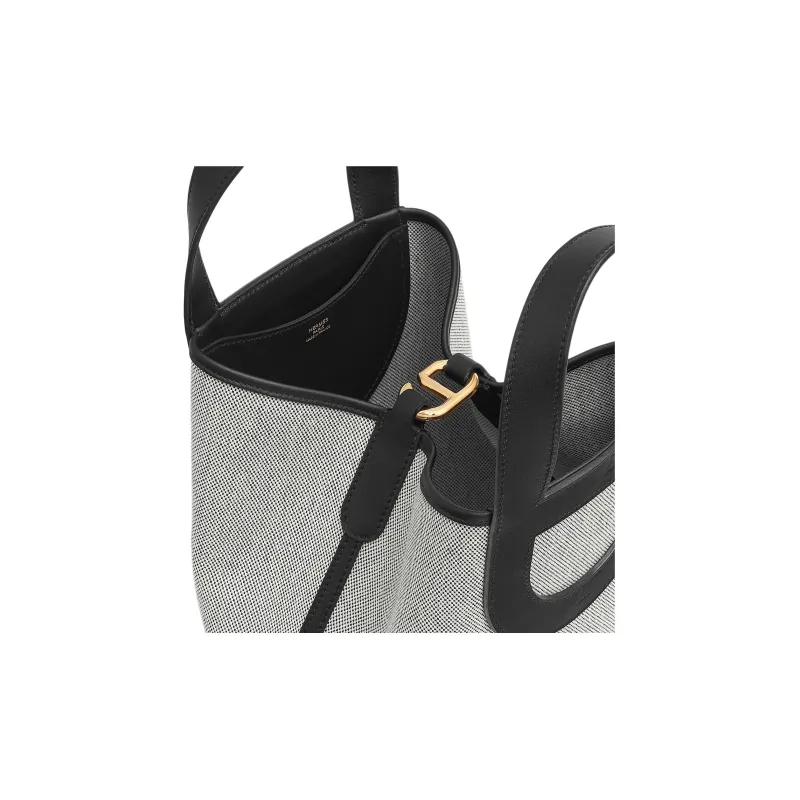 HERMES In The Loop Canvas With Swift Calfskin Handbag Women's Light Beige & Black-4