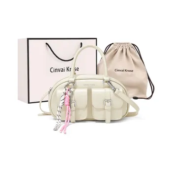 CinvaiKrose Synthetic Leather Bowling Bag, Shoulder Bag, Crossbody Bag, Handbag Small Size Women's Ecru/Pink/Black
