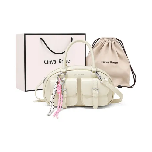 CinvaiKrose Synthetic Leather Bowling Bag, Shoulder Bag, Crossbody Bag, Handbag Small Size Women's Ecru/Pink/Black
