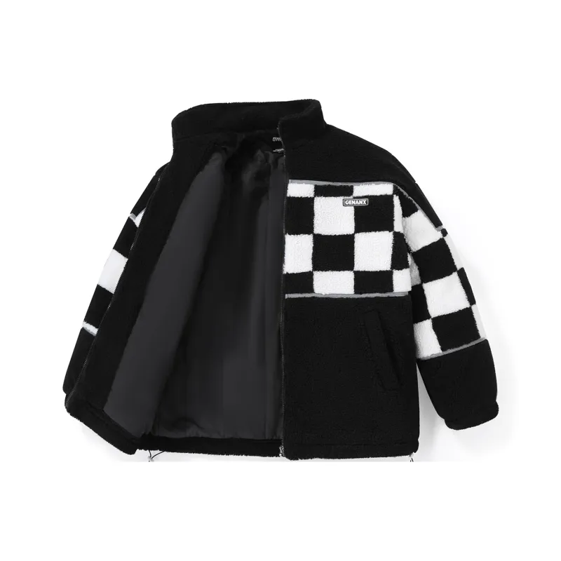 GENANX Letter Plaid Stand Collar Loose Fit Puffer Jacket Unisex-0