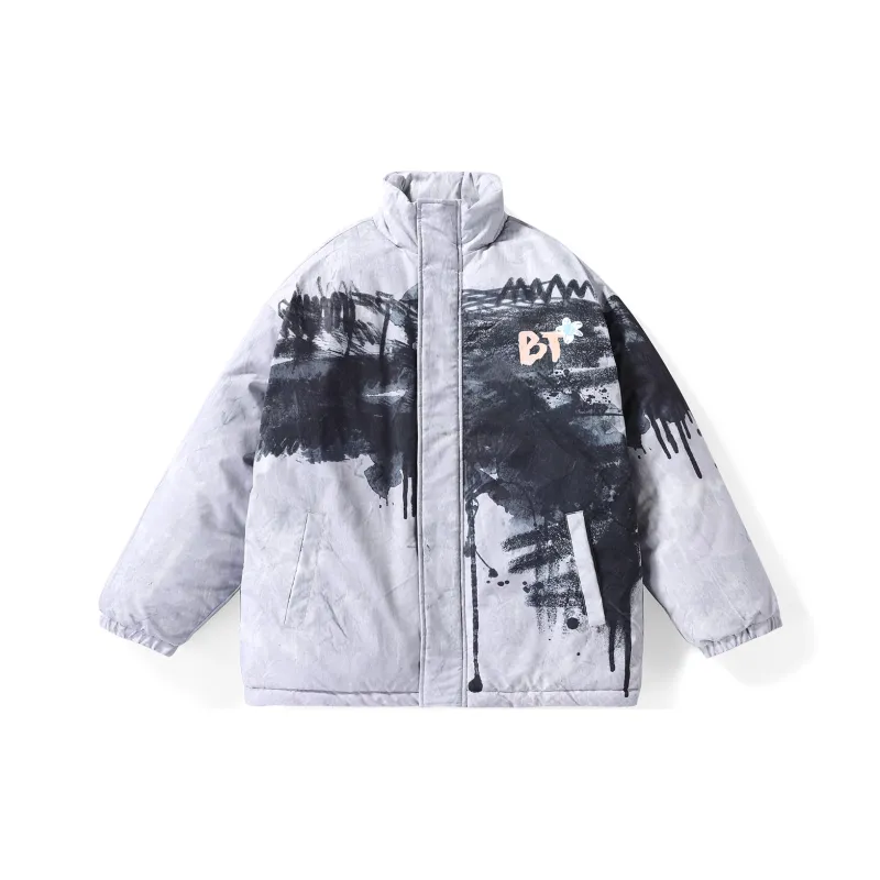 Bt Letter Stand Collar Loose Fit Puffer Jacket Unisex-6