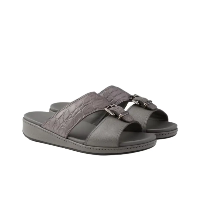 PRADA Saffiano Rubber Sole Slide Slippers Men's Gray-2