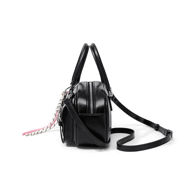 CinvaiKrose Synthetic Leather Bowling Bag, Shoulder Bag, Crossbody Bag, Handbag Small Size Women's Ecru/Pink/Black-6