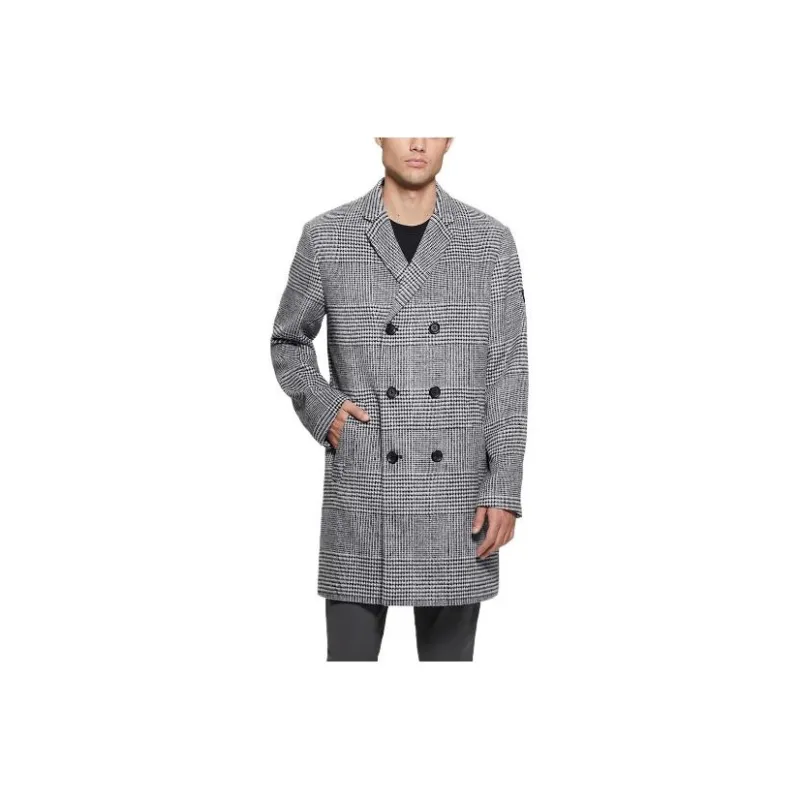 GUESS Leo Glenn Wool-Blend Double-Breasted Coat Coats Men's Black White-0