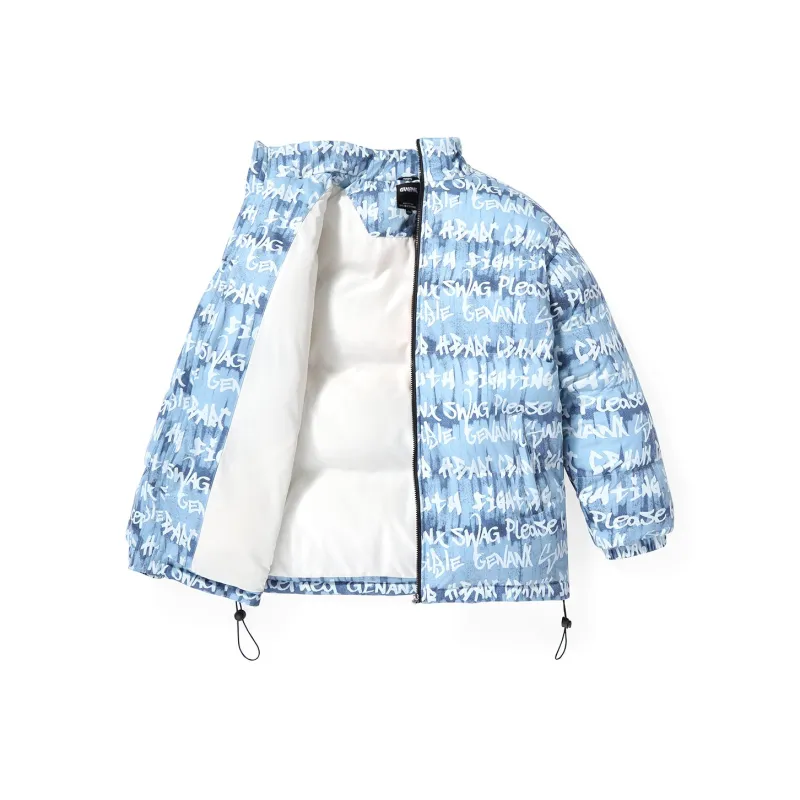 GENANX Stand Collar Loose Fit Puffer Jacket Unisex Print Blue-0