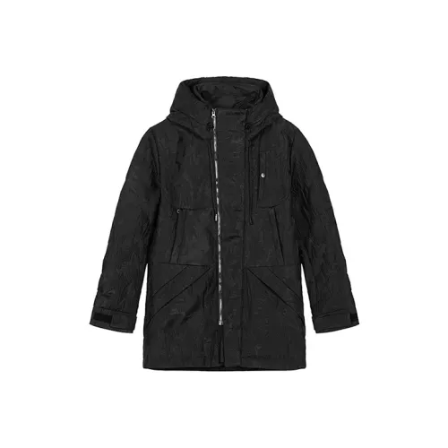 DAVID NAMAN Solid Color Hooded Loose Fit Thickened Mid Length Down Jacket Men's Black