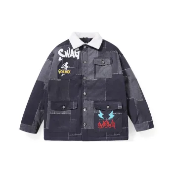 GENANX Letter Cartoon Lapel Loose Fit Puffer Jacket Unisex Dark Gray Blue