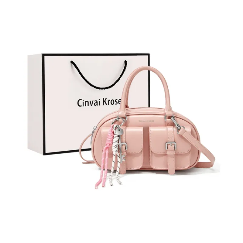 CinvaiKrose Synthetic Leather Bowling Bag, Shoulder Bag, Crossbody Bag, Handbag Small Size Women's Ecru/Pink/Black-8