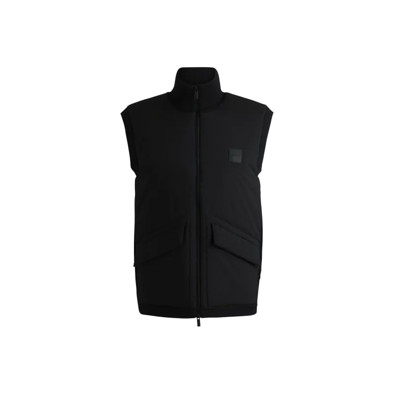 HUGO BOSS Padded Mixed Waterial Vest With Logo Badge Vest Men's Black-0