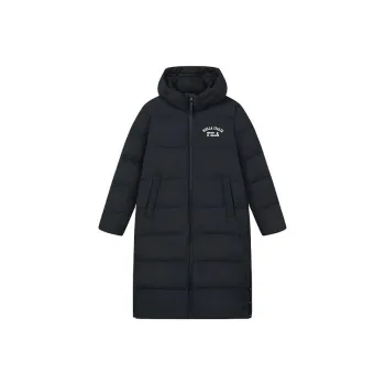 FILA Letter Print Hooded Long Down Jacket Black