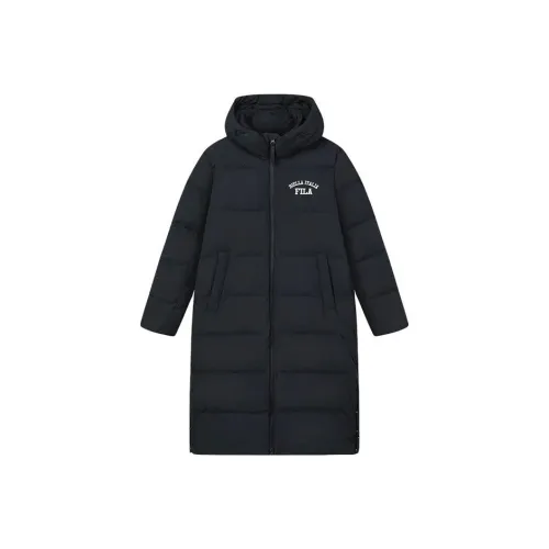 FILA Letter Print Hooded Long Down Jacket Black