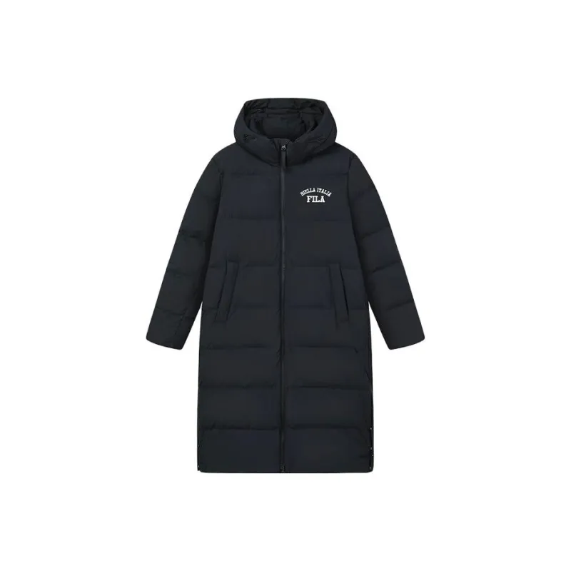 FILA Letter Print Hooded Long Down Jacket Black-0