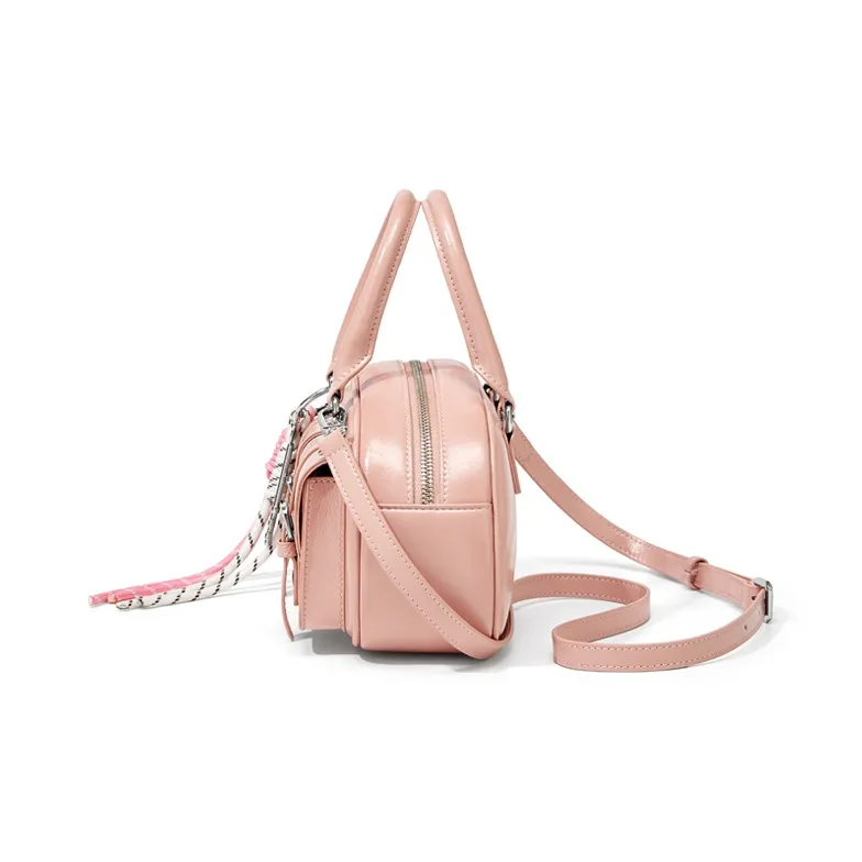 CinvaiKrose Synthetic Leather Bowling Bag, Shoulder Bag, Crossbody Bag, Handbag Small Size Women's Ecru/Pink/Black-12