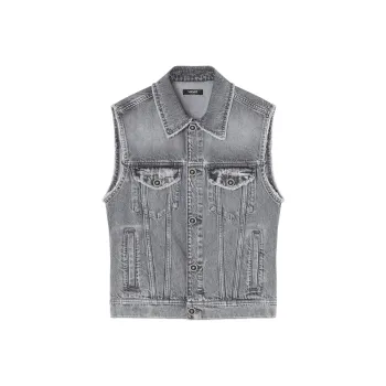 VERSACE Logo Patch Frayed Denim Gilet