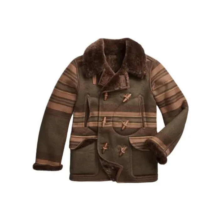 Polo Ralph Lauren Shearling-Lined Striped Woven Peacoat Coats Men's Brown-0
